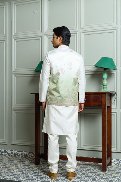 Green SS Silk Jacket-Kurta-Bottom Set with Ombre Effect, Zari & Thread Work Embroidery