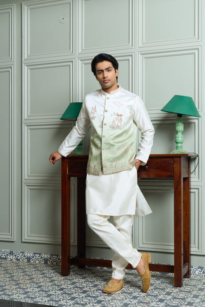 Green SS Silk Jacket-Kurta-Bottom Set with Ombre Effect, Zari & Thread Work Embroidery