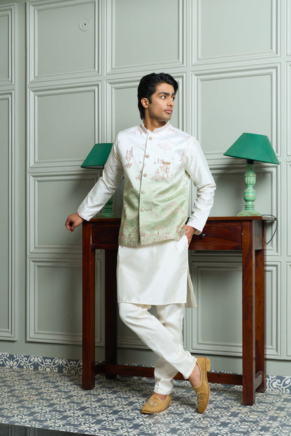 Green SS Silk Jacket-Kurta-Bottom Set with Ombre Effect, Zari & Thread Work Embroidery