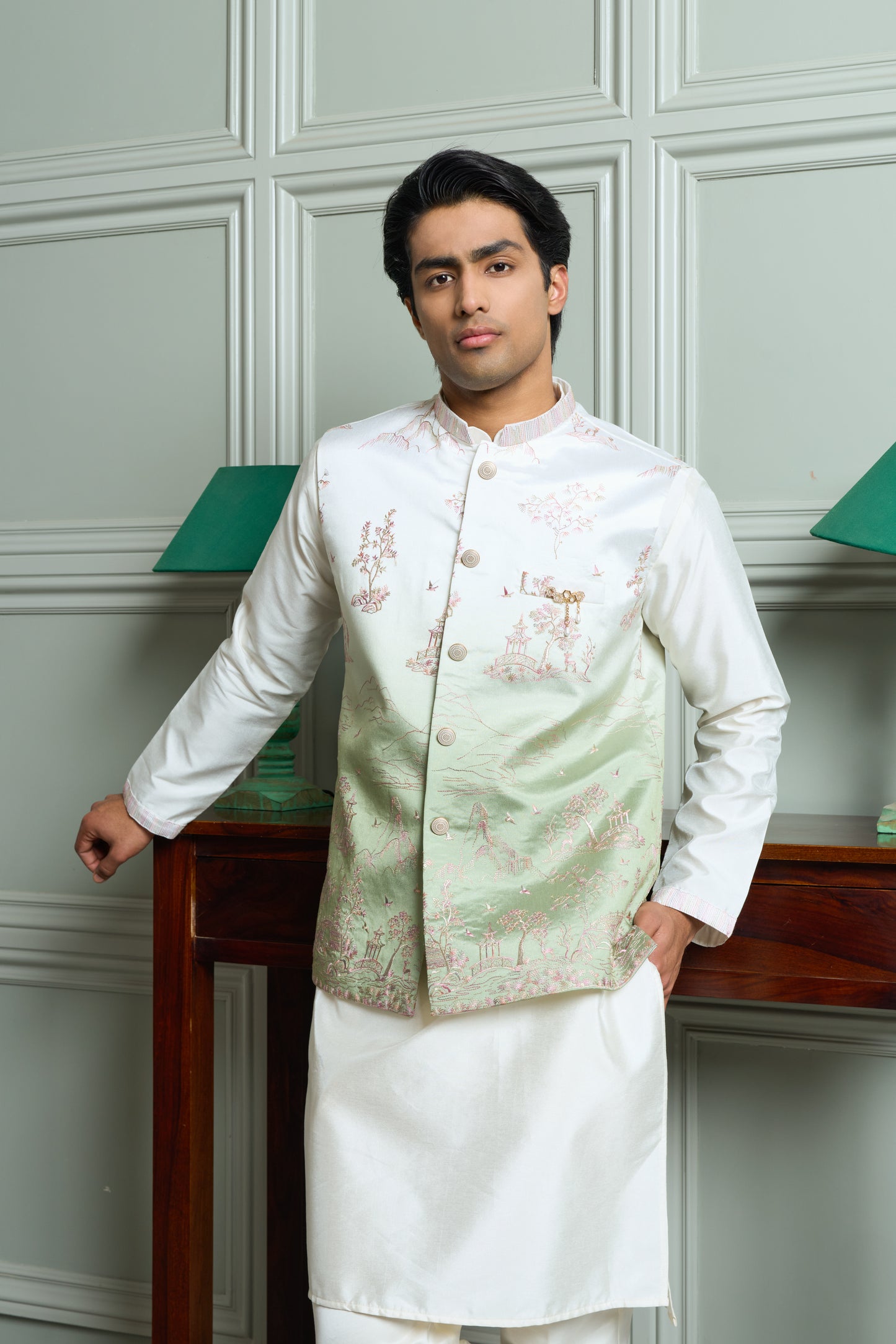 Green SS Silk Jacket-Kurta-Bottom Set with Ombre Effect, Zari & Thread Work Embroidery