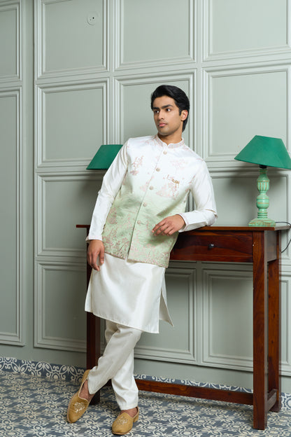 Green SS Silk Jacket-Kurta-Bottom Set with Ombre Effect, Zari & Thread Work Embroidery