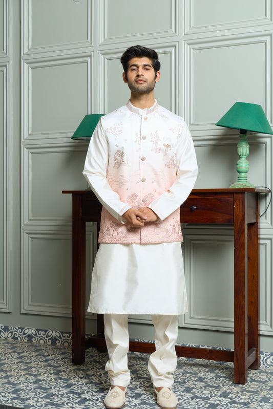 Peach SS Silk Jacket-Kurta-Bottom Set with Ombre Effect, Zari & Thread Work Embroidery