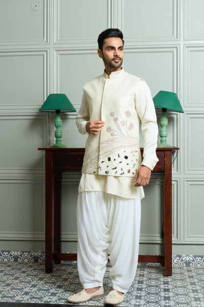 Off-White Kenzo Jacket–Kurta–Bottom Set with Handwork