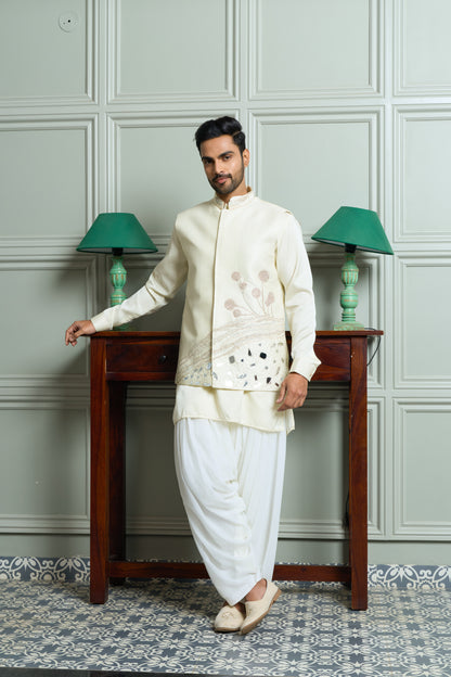 Off-White Kenzo Jacket–Kurta–Bottom Set with Handwork
