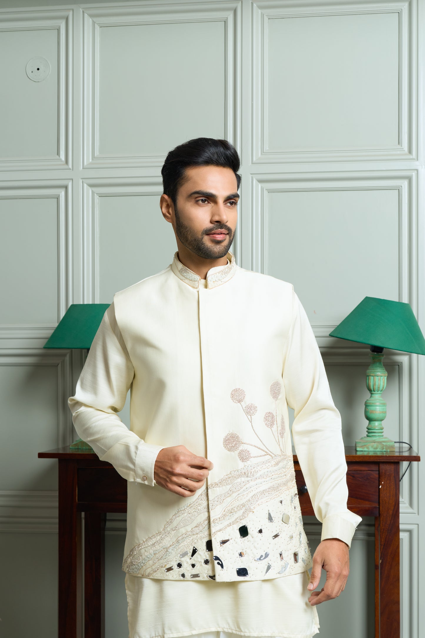 Off-White Kenzo Jacket–Kurta–Bottom Set with Handwork