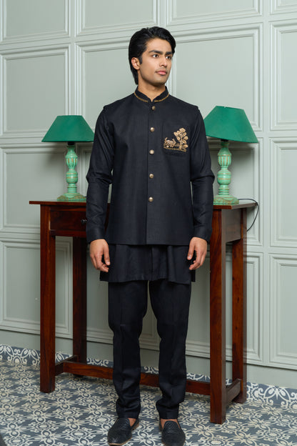 Black Linen Blend Jacket-Kurta-Bottom Set with Pocket Embroidery