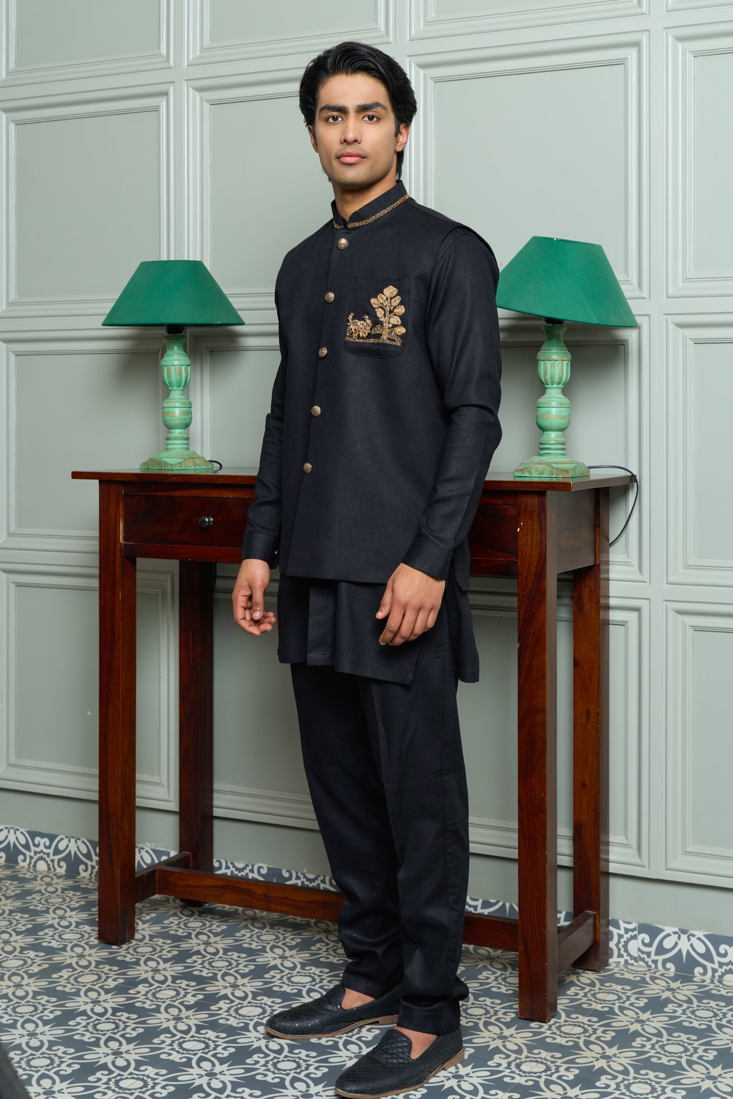 Black Linen Blend Jacket-Kurta-Bottom Set with Pocket Embroidery