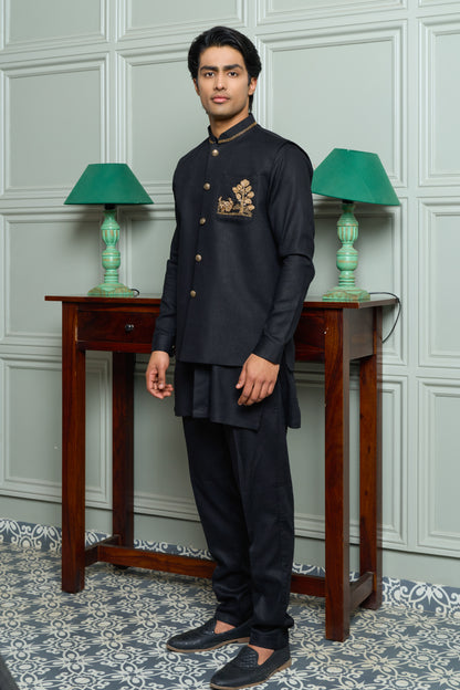Black Linen Blend Jacket-Kurta-Bottom Set with Pocket Embroidery