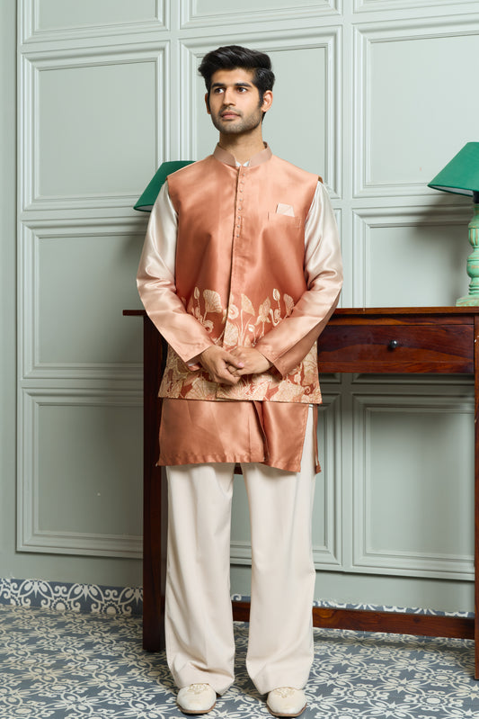 Men’s Rust Satin Silk Jacket-Kurta-Bottom Set with Digital Print & Foil
