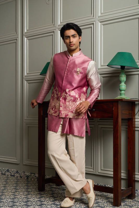 Men’s Mauve Satin Silk Jacket-Kurta-Bottom Set with Digital Print & Foil