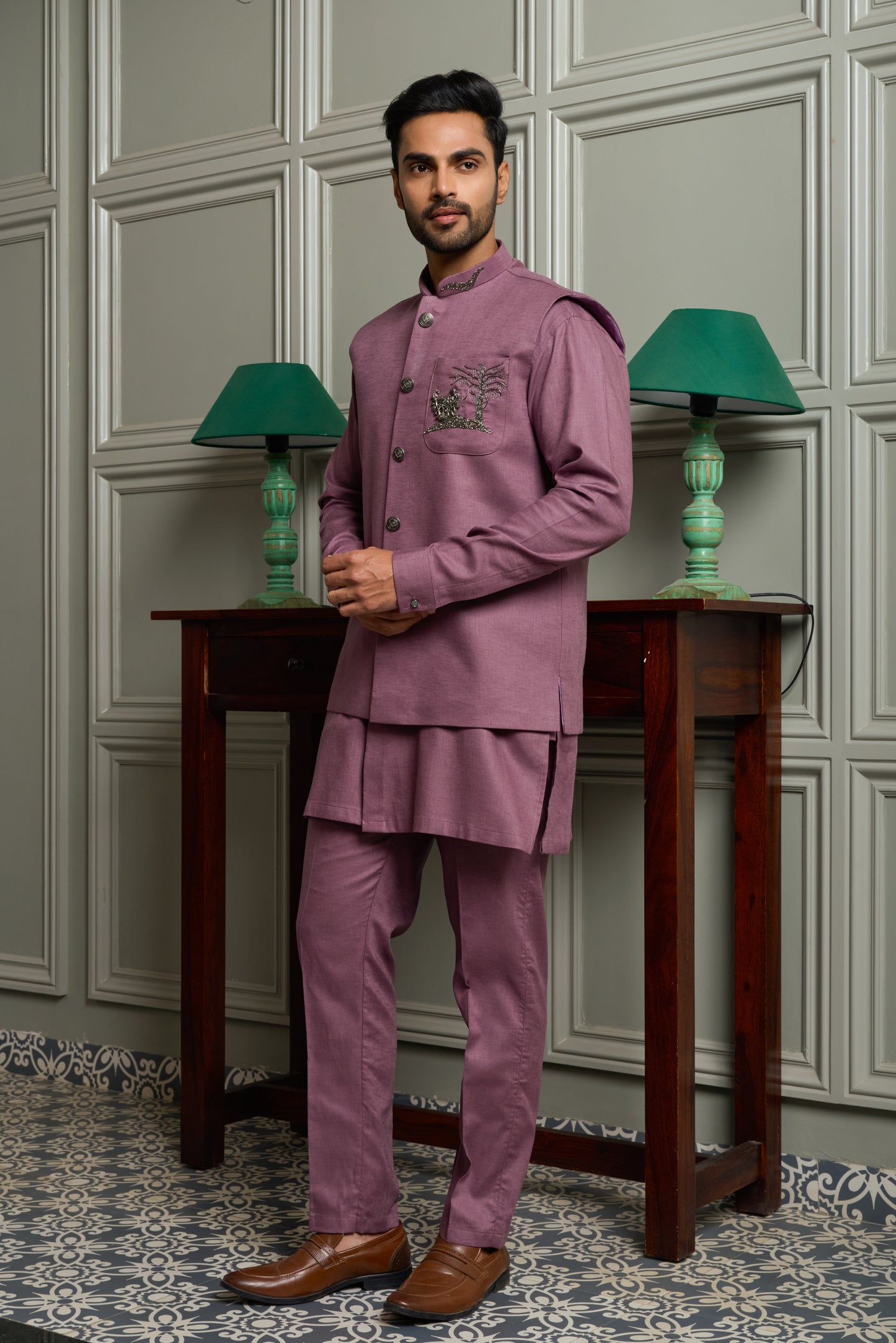 Burgundy Linen Blend Jacket-Kurta-Bottom Set with Pocket Embroidery