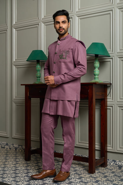 Burgundy Linen Blend Jacket-Kurta-Bottom Set with Pocket Embroidery
