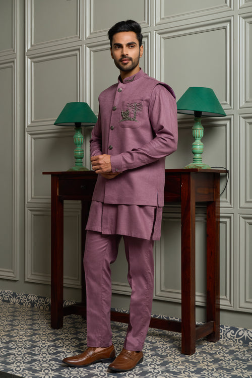 Burgundy Linen Blend Jacket-Kurta-Bottom Set with Pocket Embroidery