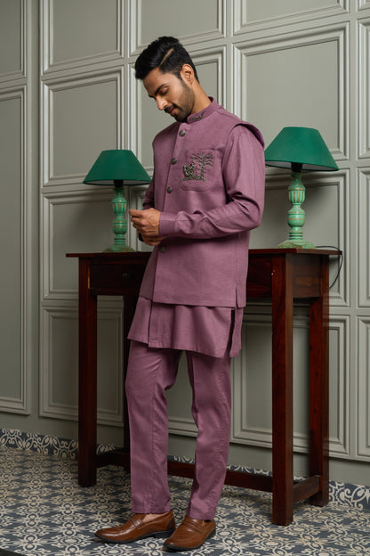 Burgundy Linen Blend Jacket-Kurta-Bottom Set with Pocket Embroidery