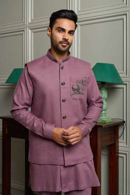 Burgundy Linen Blend Jacket-Kurta-Bottom Set with Pocket Embroidery
