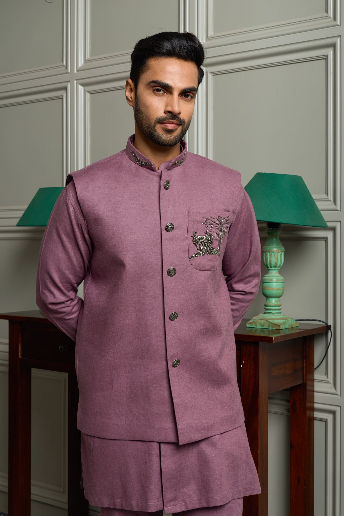 Burgundy Linen Blend Jacket-Kurta-Bottom Set with Pocket Embroidery