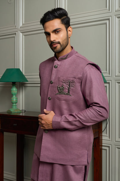 Burgundy Linen Blend Jacket-Kurta-Bottom Set with Pocket Embroidery