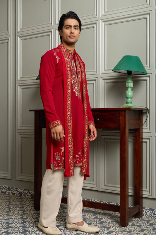 Pink Georgette Kurta–Bottom–Dupatta Set with Thread Work