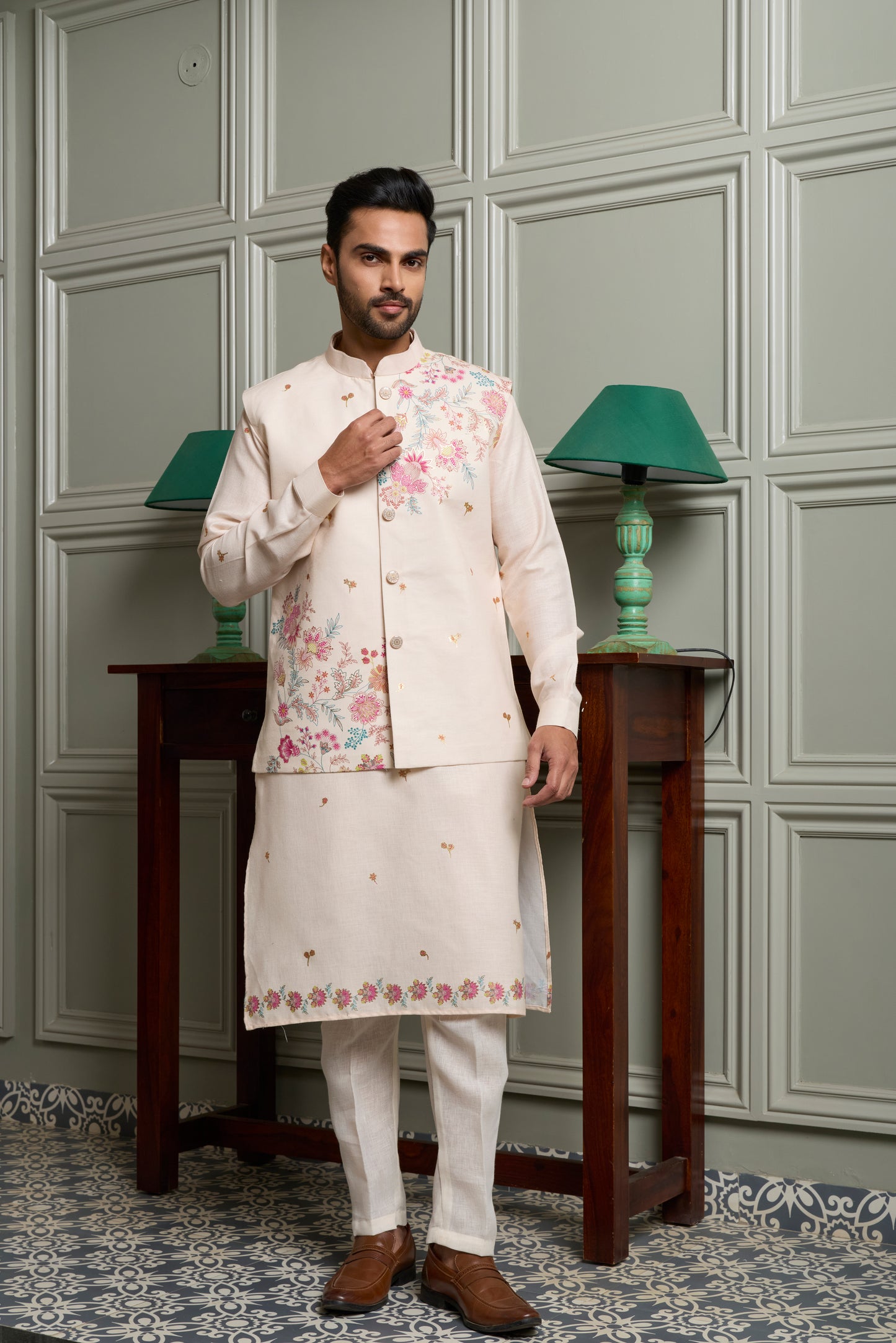 Off-White Floral Print Kurta Jacket Set