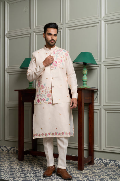 Off-White Floral Print Kurta Jacket Set