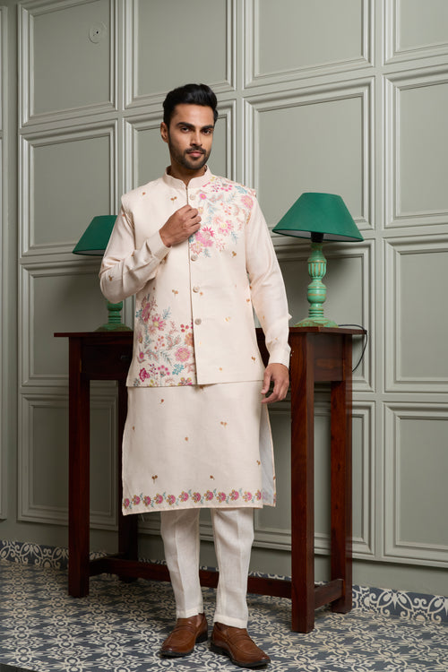 Off-White Floral Print Kurta Jacket Set