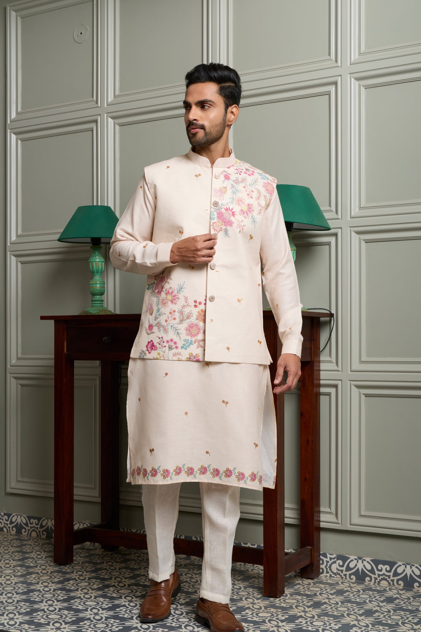 Off-White Floral Print Kurta Jacket Set