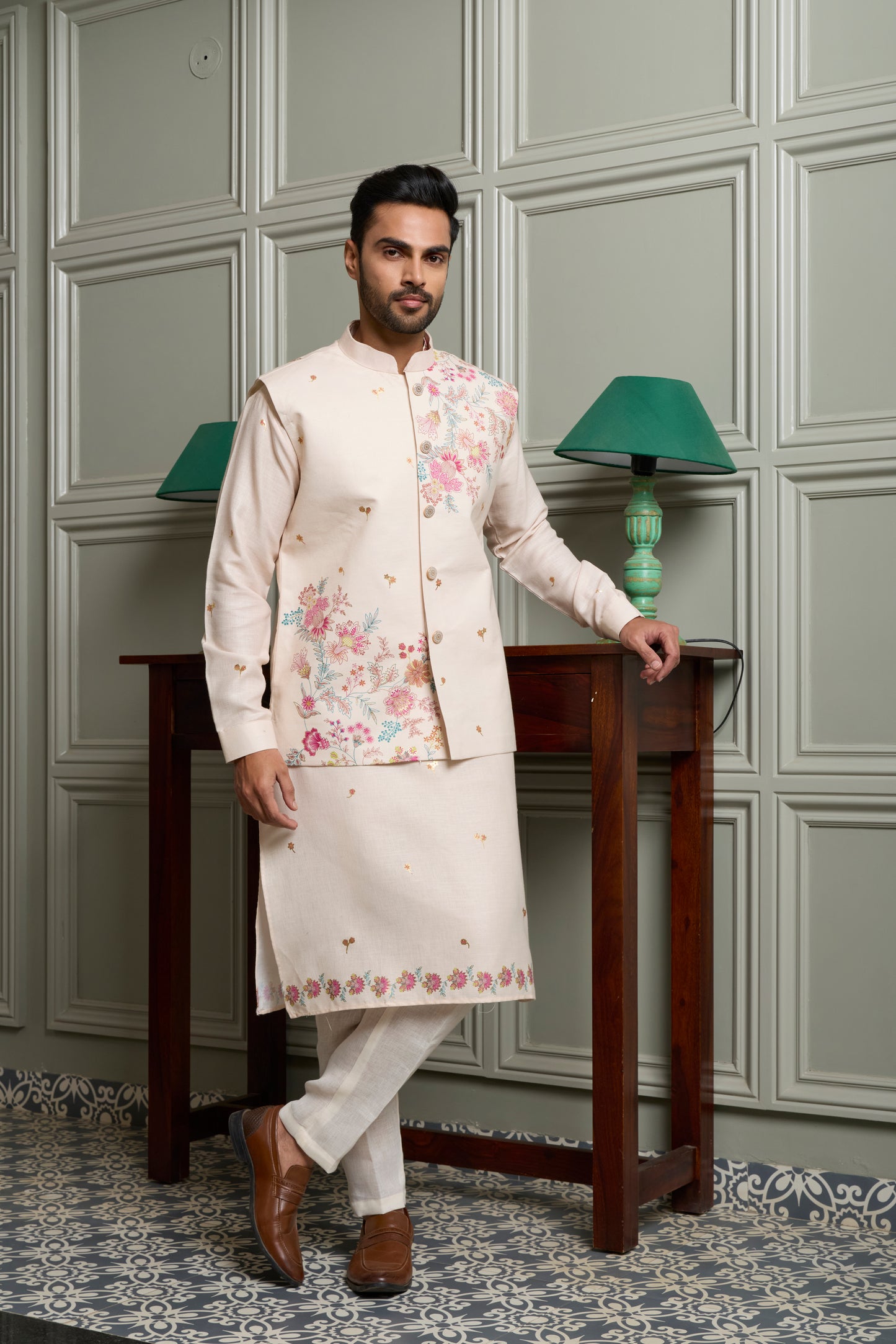 Off-White Floral Print Kurta Jacket Set
