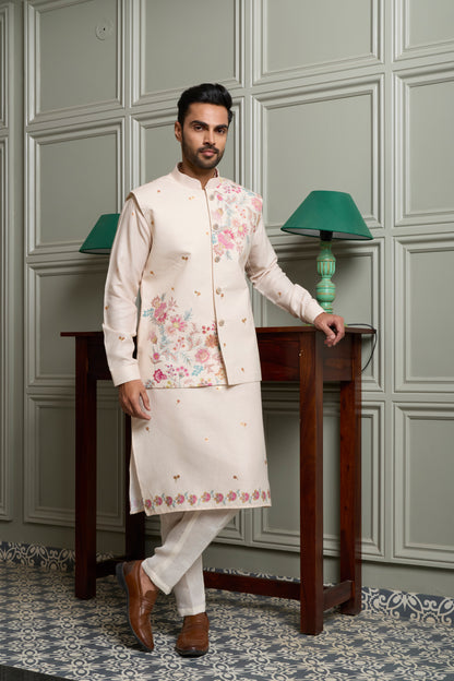 Off-White Floral Print Kurta Jacket Set