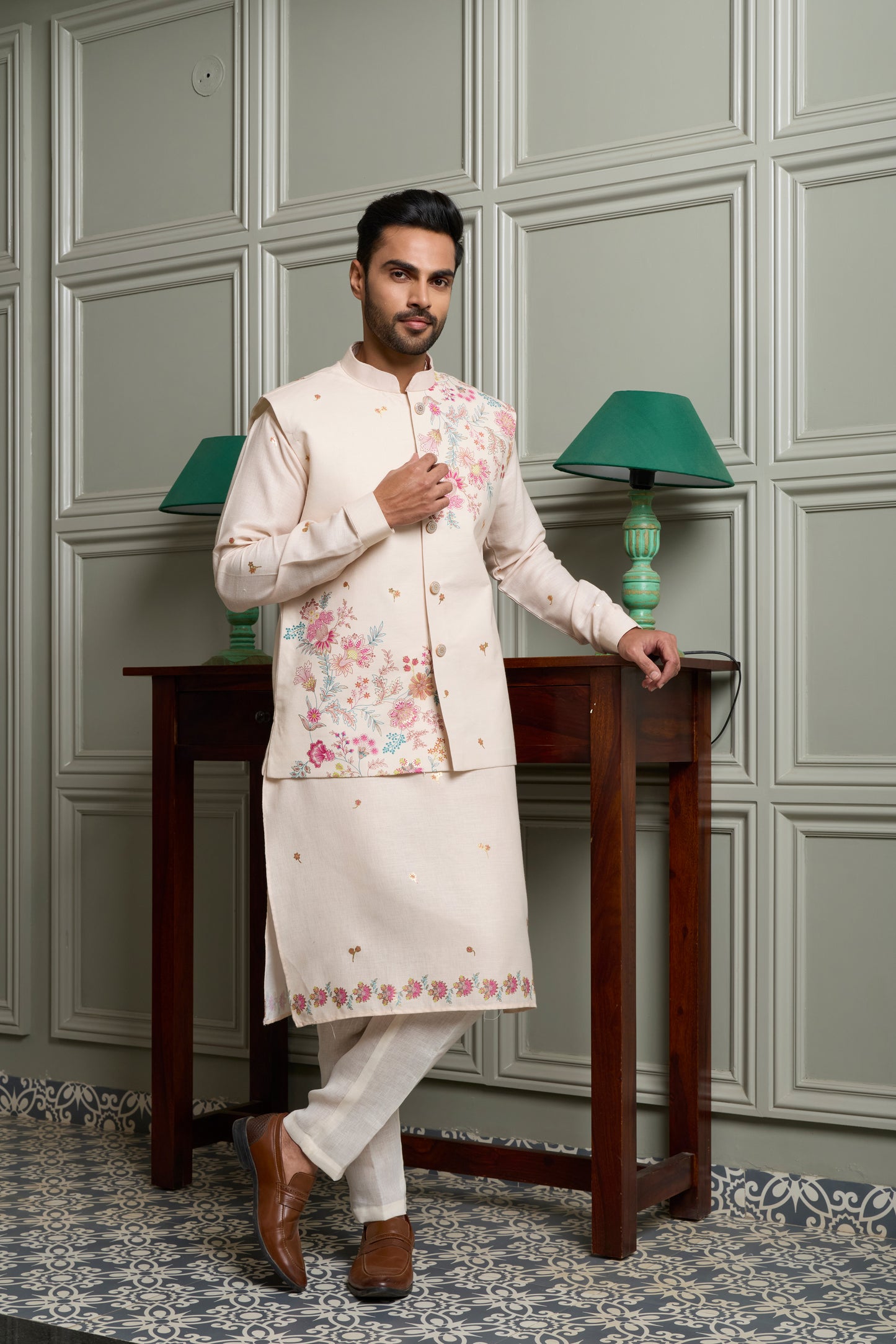 Off-White Floral Print Kurta Jacket Set