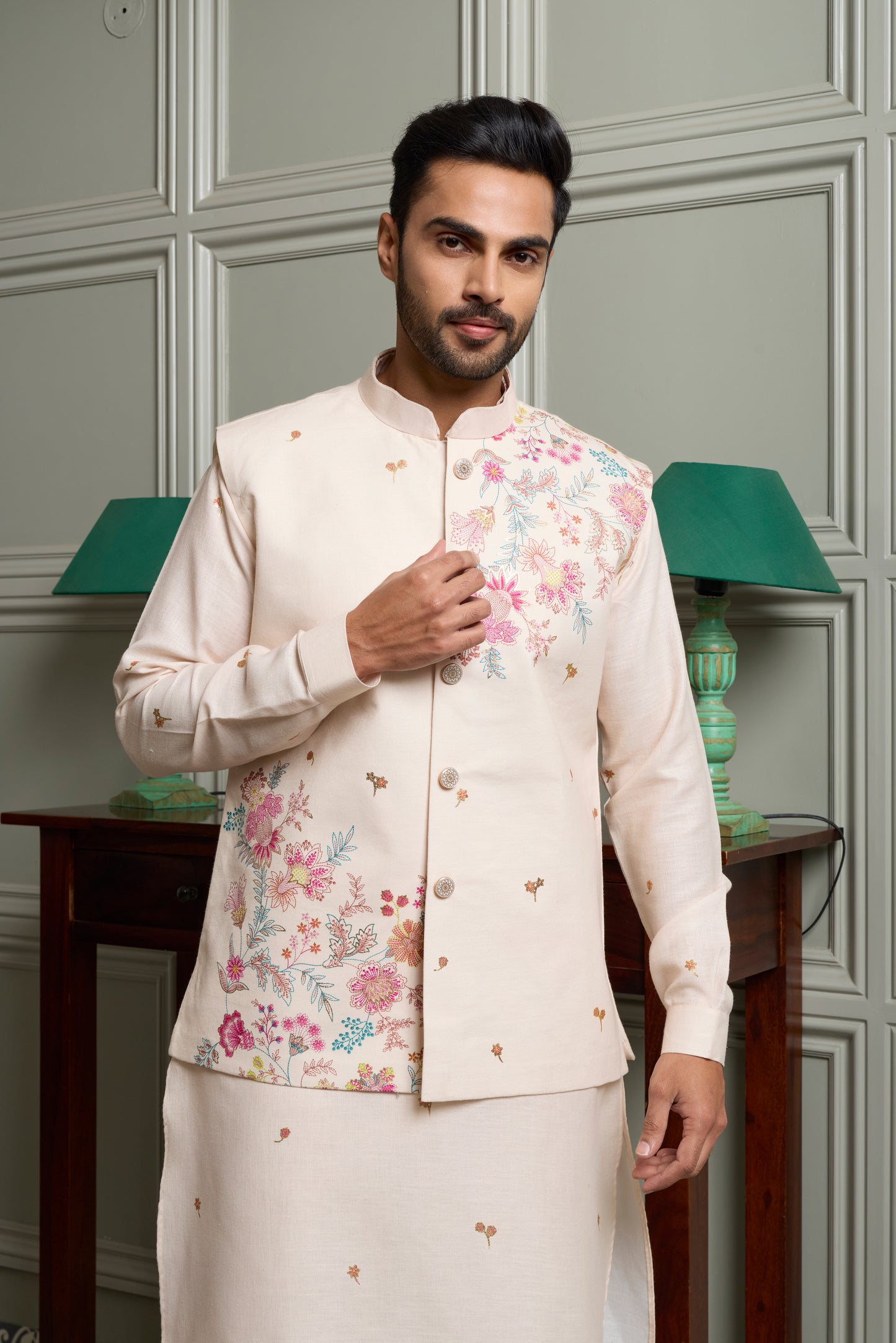 Off-White Floral Print Kurta Jacket Set