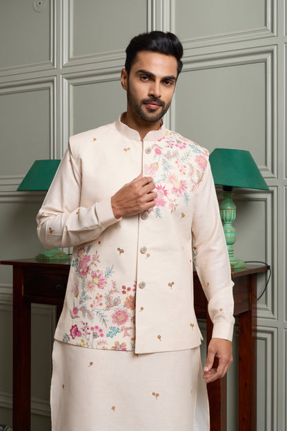 Off-White Floral Print Kurta Jacket Set