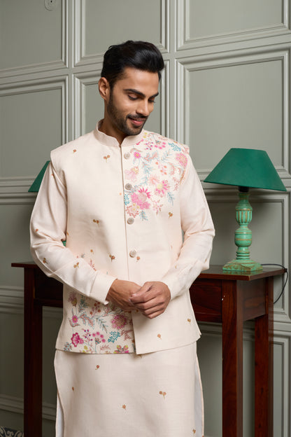 Off-White Floral Print Kurta Jacket Set