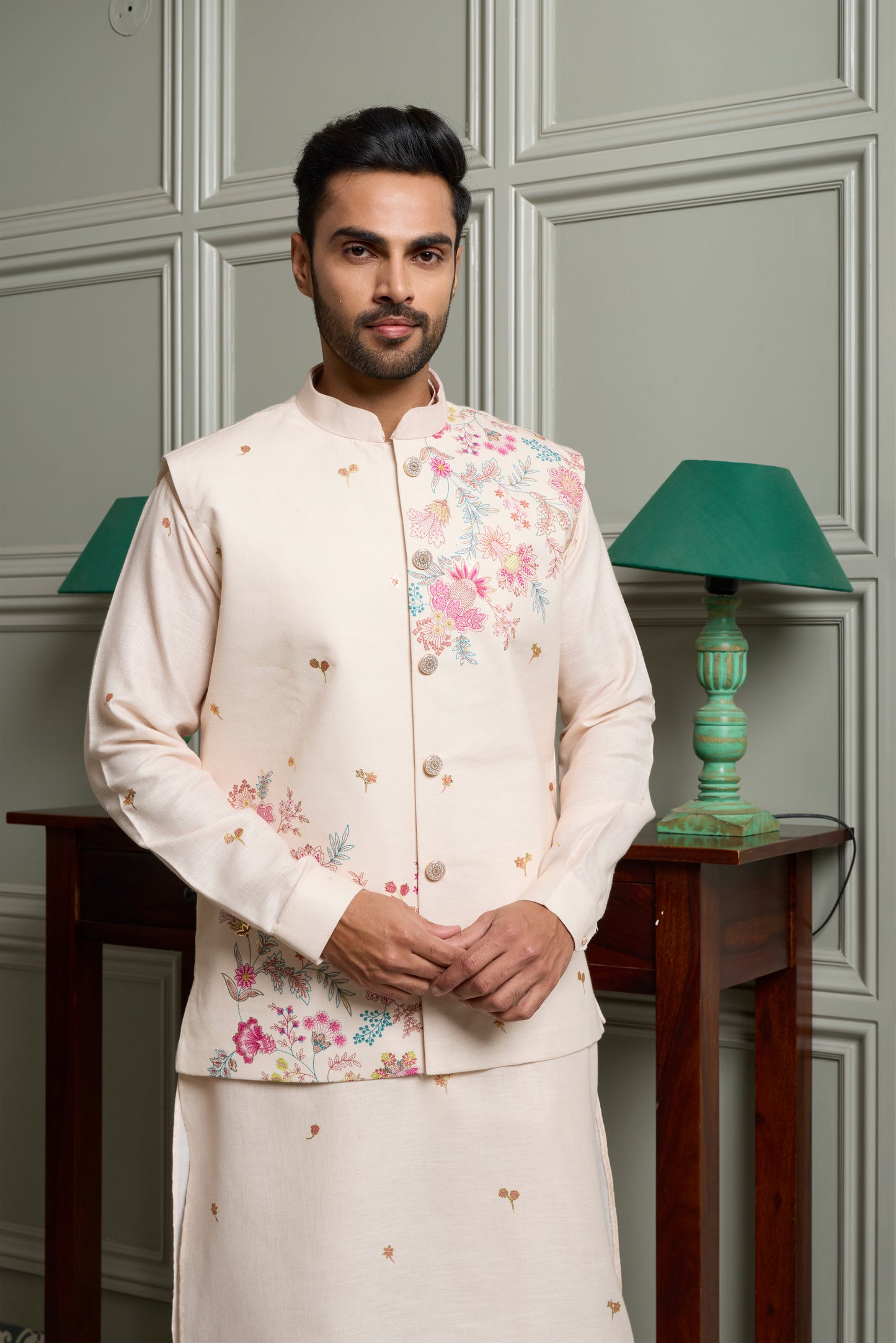 Off-White Floral Print Kurta Jacket Set