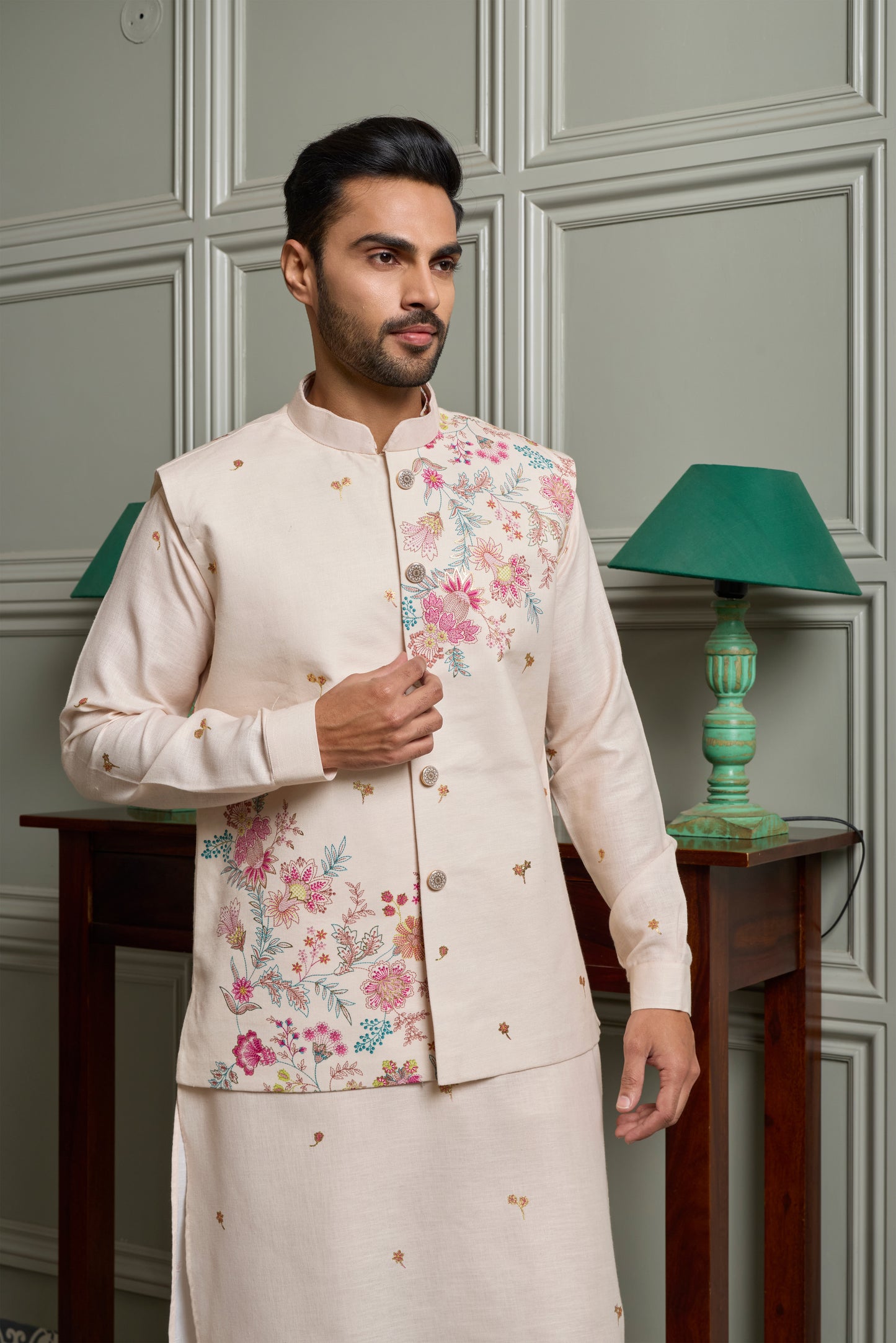 Off-White Floral Print Kurta Jacket Set