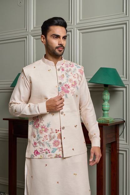 Off-White Floral Print Kurta Jacket Set