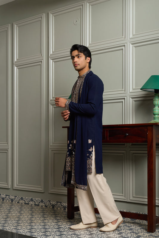 Navy Blue Georgette Kurta–Bottom–Dupatta Set with Thread Work