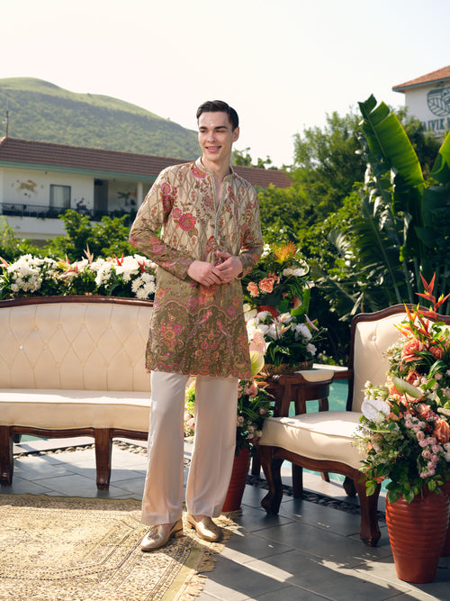 Beige with Olive Accents Natural Crepe Short Kurta Set with Position Print and Coding