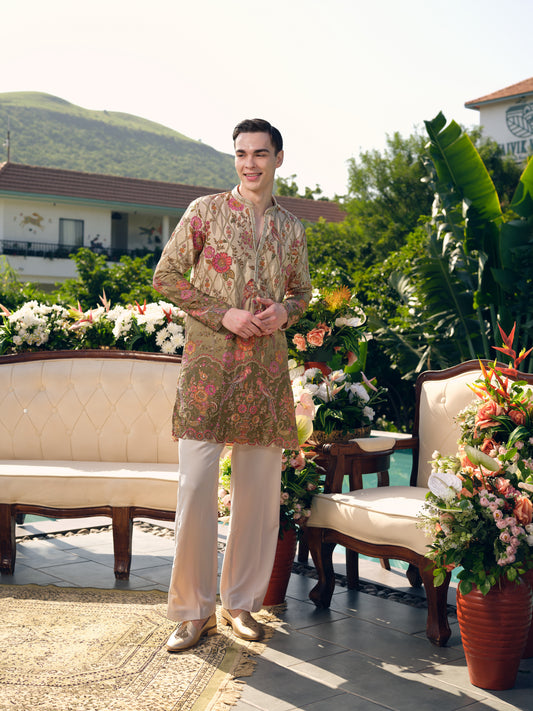 Beige with Olive Accents Natural Crepe Short Kurta Set with Position Print and Coding