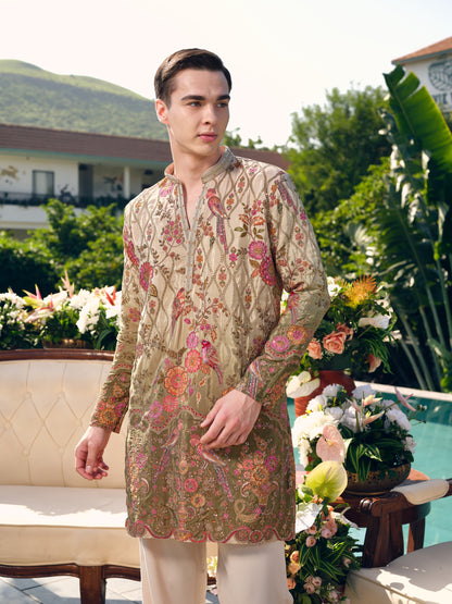 Beige with Olive Accents Natural Crepe Short Kurta Set with Position Print and Coding