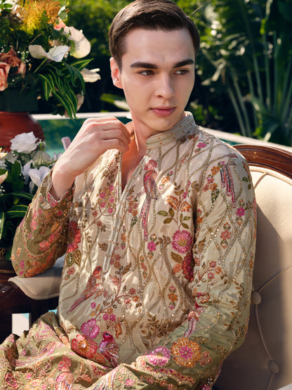 Beige with Olive Accents Natural Crepe Short Kurta Set with Position Print and Coding