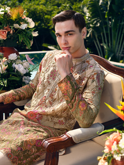 Beige with Olive Accents Natural Crepe Short Kurta Set with Position Print and Coding