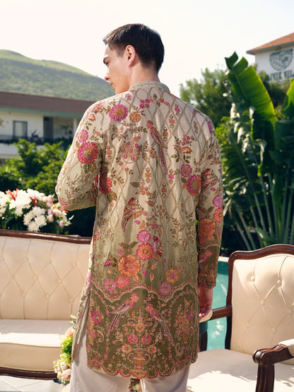 Beige with Olive Accents Natural Crepe Short Kurta Set with Position Print and Coding