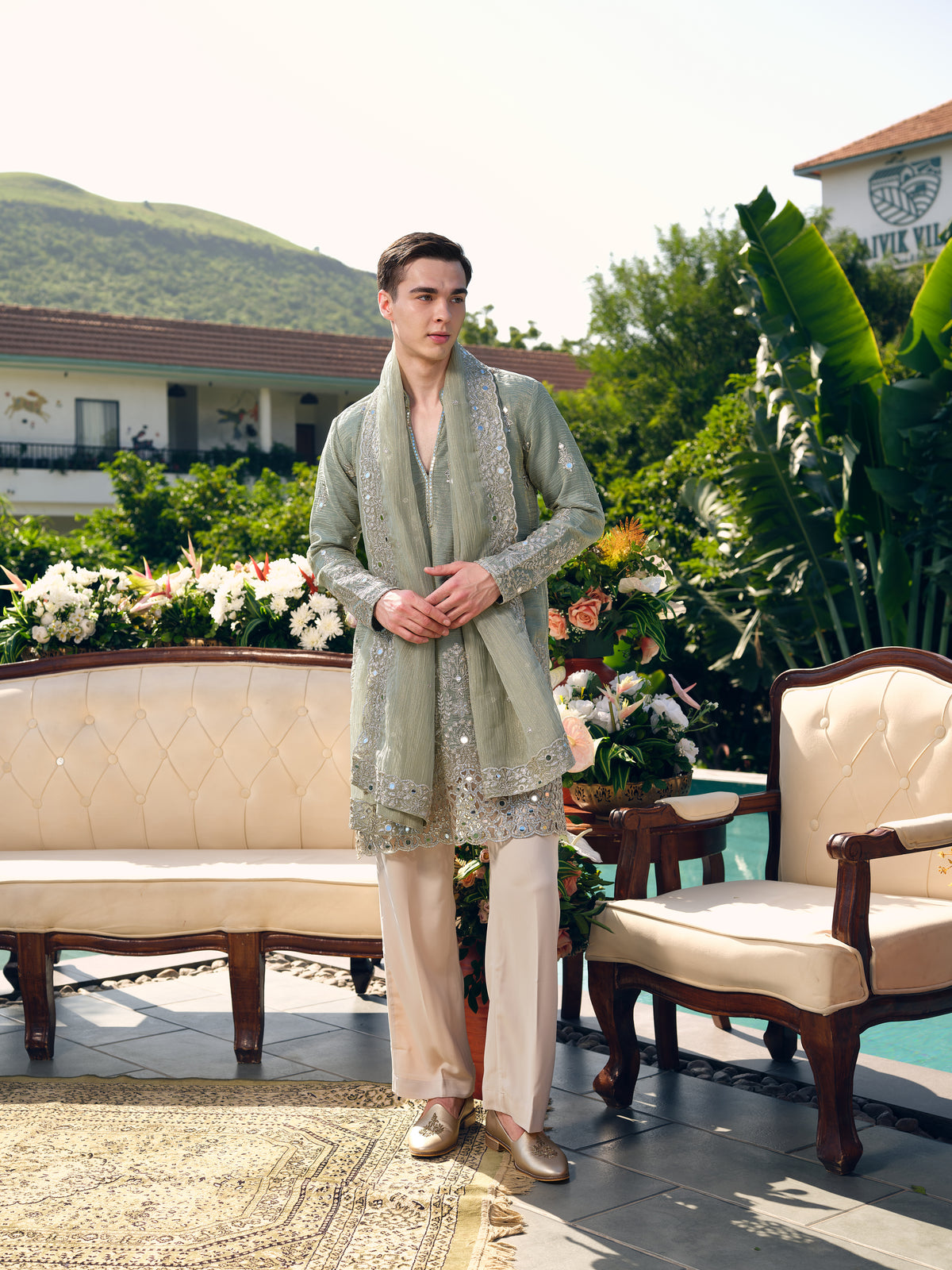 Sage Crushed Tissue Kurta with Dupatta Set with Zari Embroidery, Mirror and Cut Work