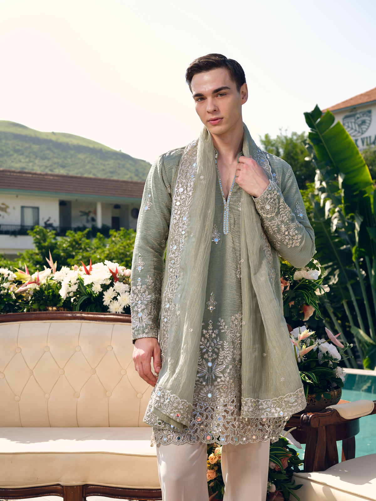 Sage Crushed Tissue Kurta with Dupatta Set with Zari Embroidery, Mirror and Cut Work