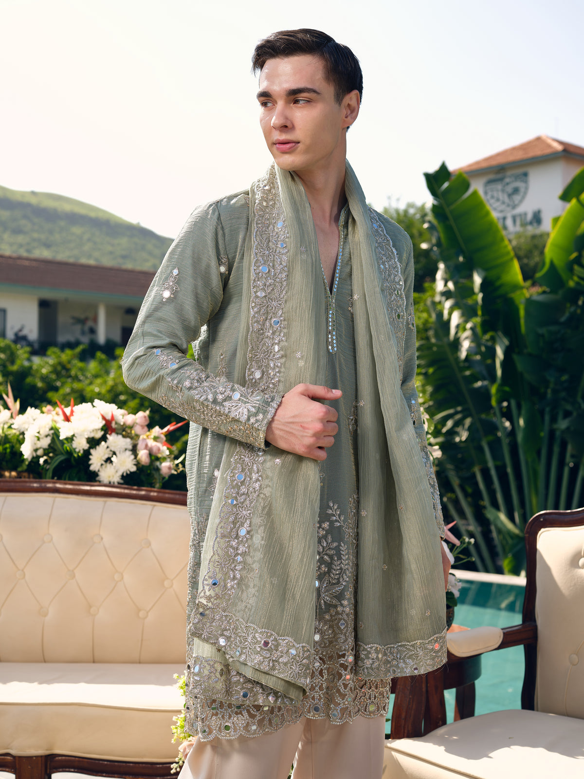 Sage Crushed Tissue Kurta with Dupatta Set with Zari Embroidery, Mirror and Cut Work