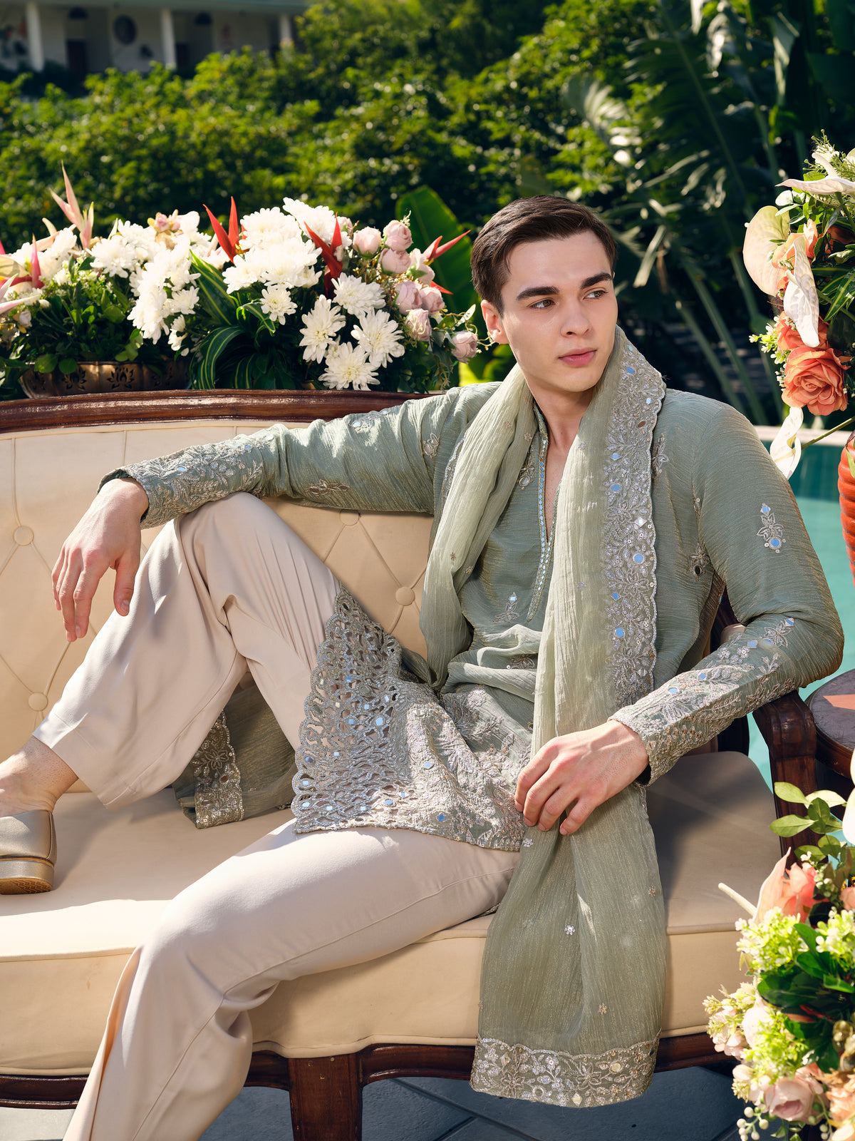 Sage Crushed Tissue Kurta with Dupatta Set with Zari Embroidery, Mirror and Cut Work