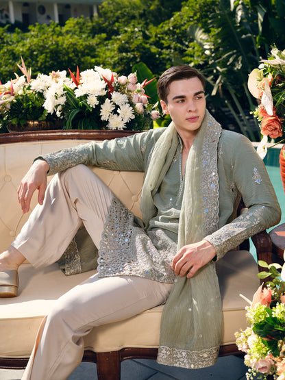 Sage Crushed Tissue Kurta with Dupatta Set with Zari Embroidery, Mirror and Cut Work