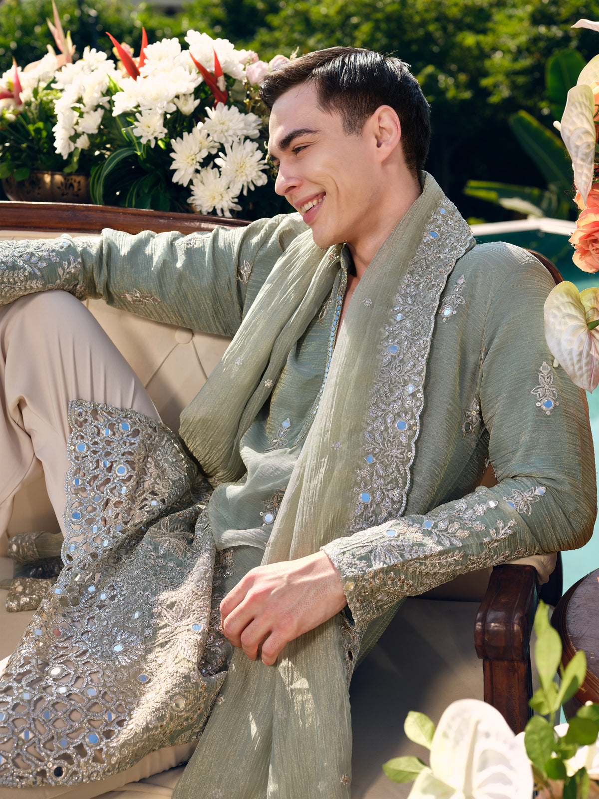 Sage Crushed Tissue Kurta with Dupatta Set with Zari Embroidery, Mirror and Cut Work