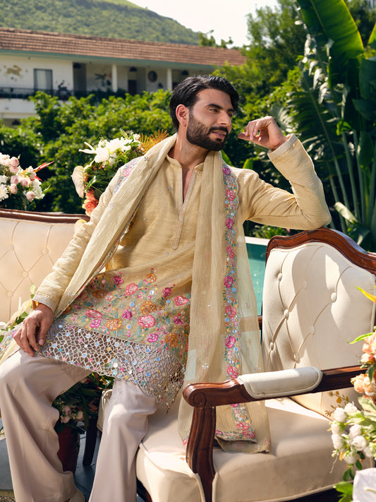 Rasmalai Tissue Silk Kurta with Dupatta Set with Embroidery and Cut Work