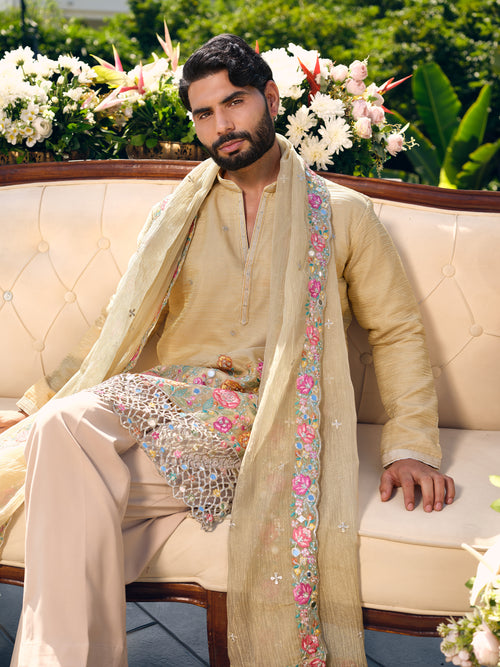 Rasmalai Tissue Silk Kurta with Dupatta Set with Embroidery and Cut Work